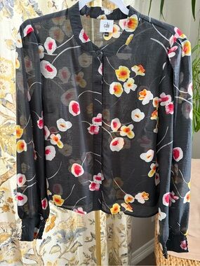 Cabi #6504 Greenhouse Black Floral Button-Front Sheer Blouse Medium